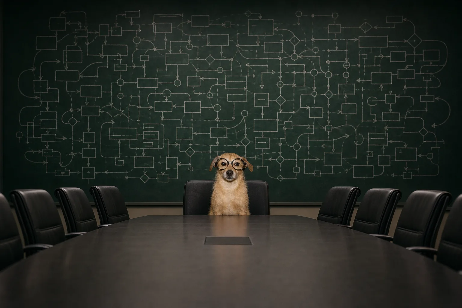 The dog sits alone at a boardroom table beneath a giant strategy flowchart.
