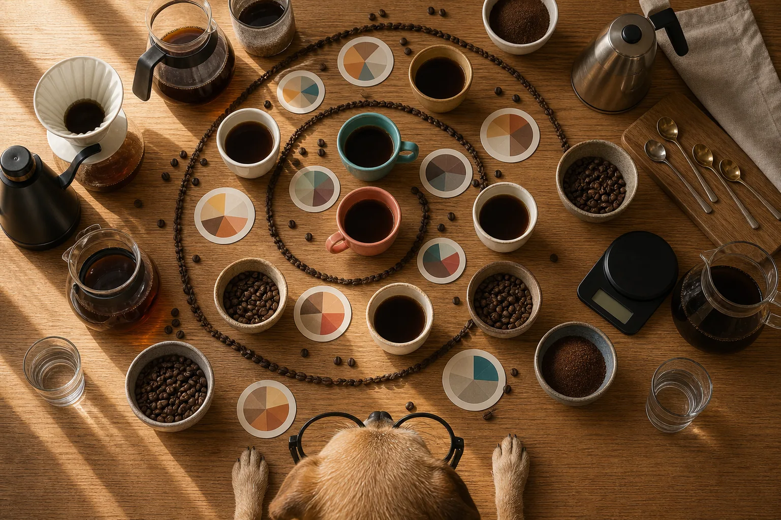 A top-down coffee ritual fills a wooden table while the dog peeks in from below.