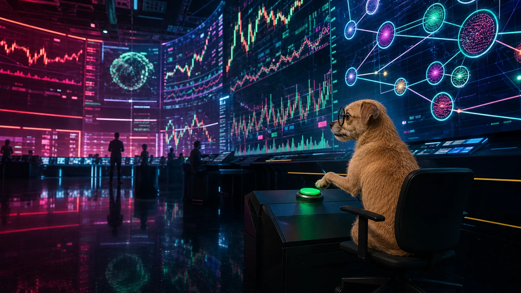 The dog faces a monumental neon trading wall from a tiny control chair.