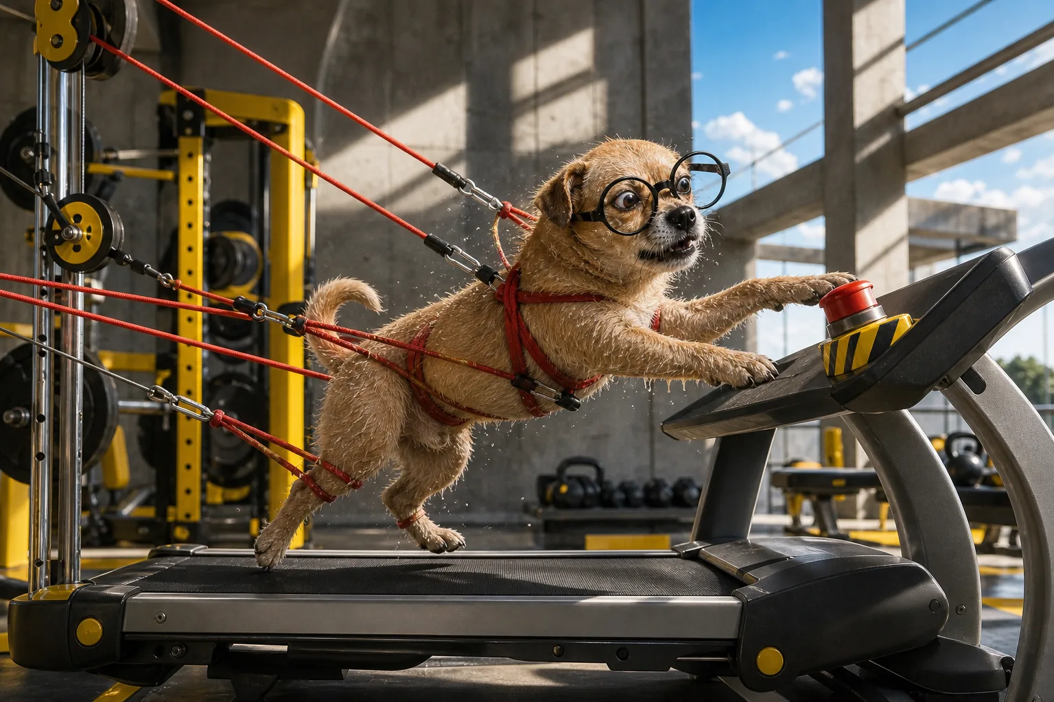 The dog runs on a treadmill while tangled in red resistance bands.