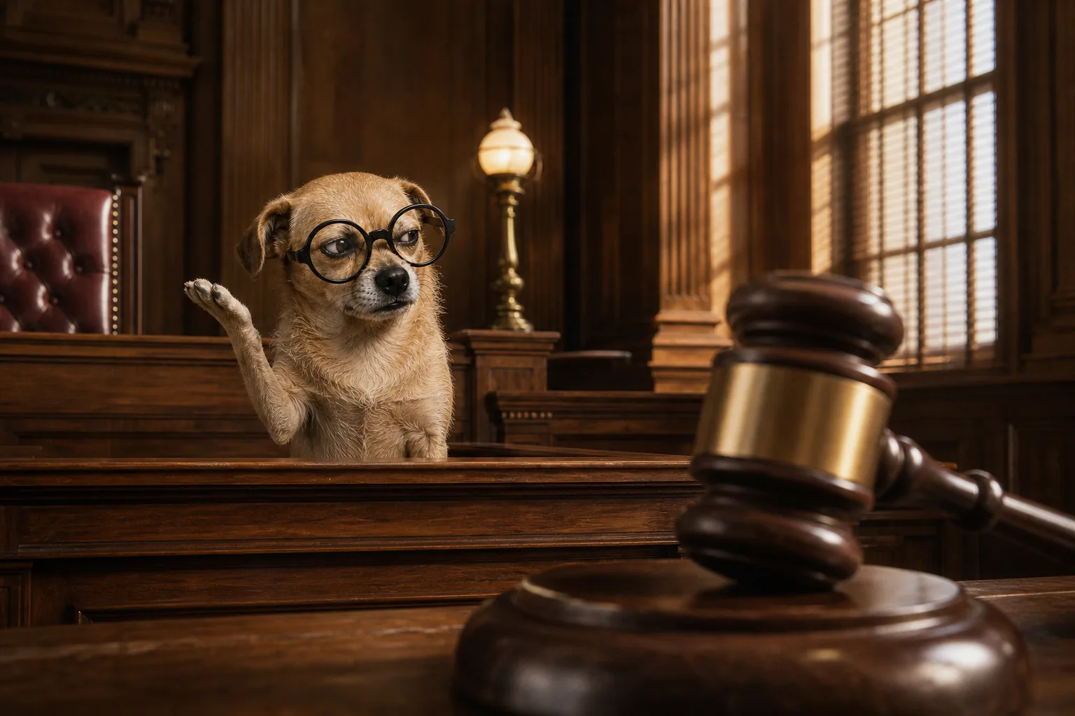 The dog raises one uncertain paw in a warm courtroom beside a giant gavel.
