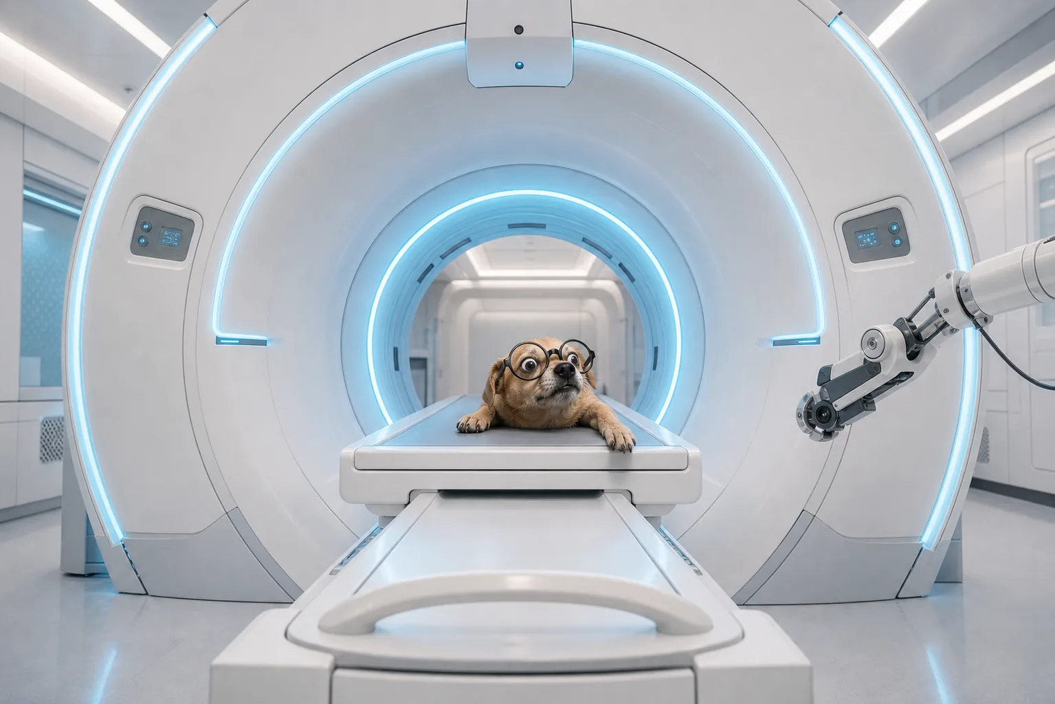 The dog grips a CT scanner bed inside a huge white diagnostic ring.