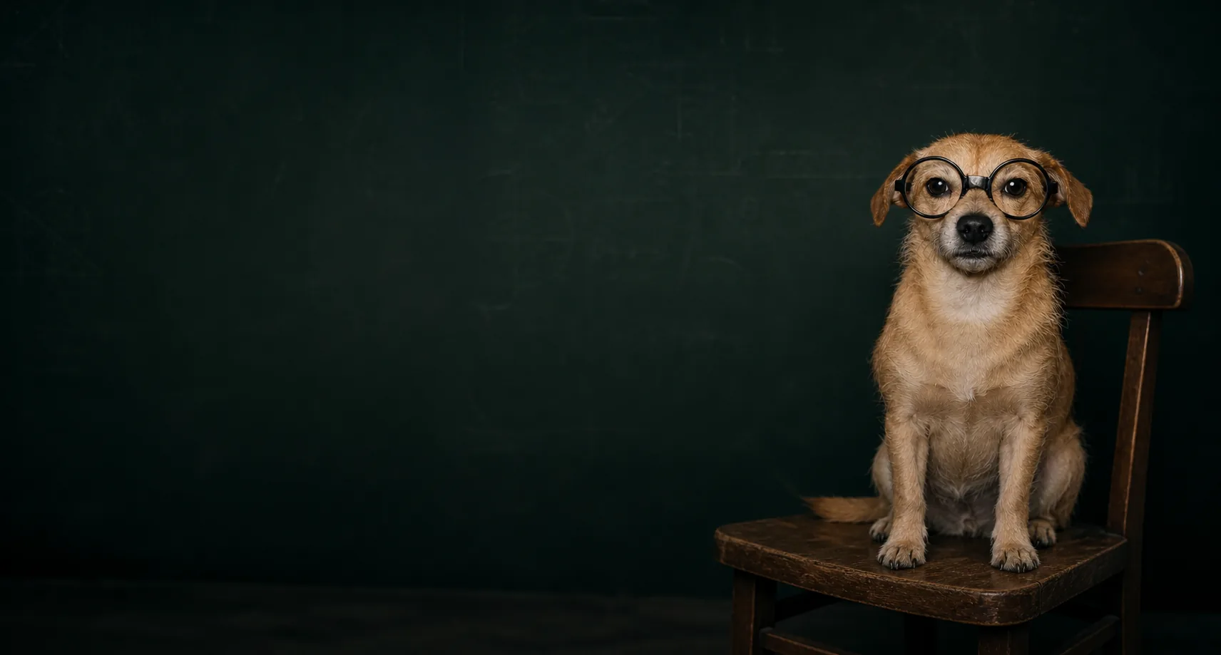 A small dog in round glasses sits at the far right of a dark empty studio.