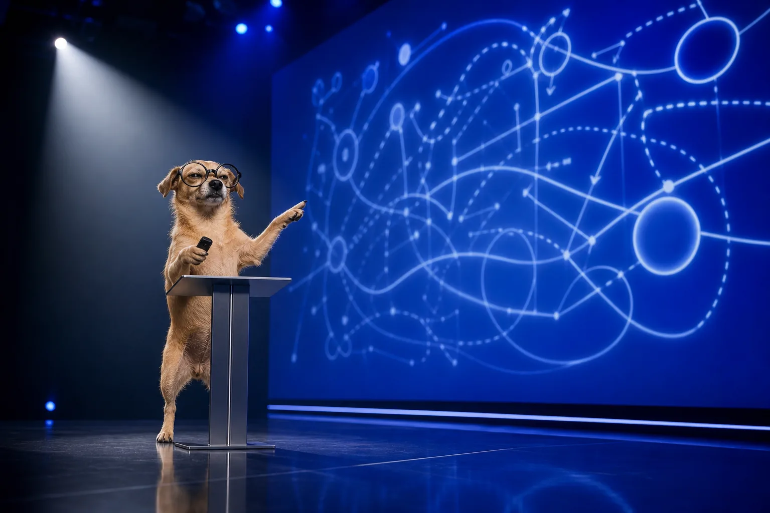 The dog confidently presents a giant blue diagram from a keynote lectern.