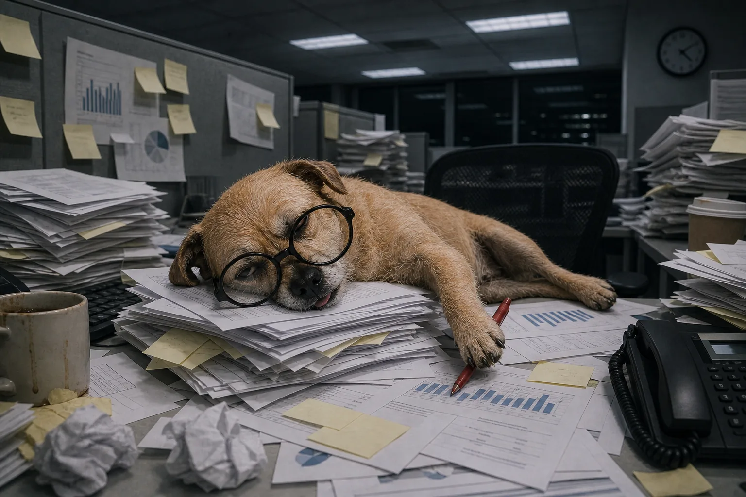 The dog lies exhausted across a mountain of office reports with its glasses slipping.