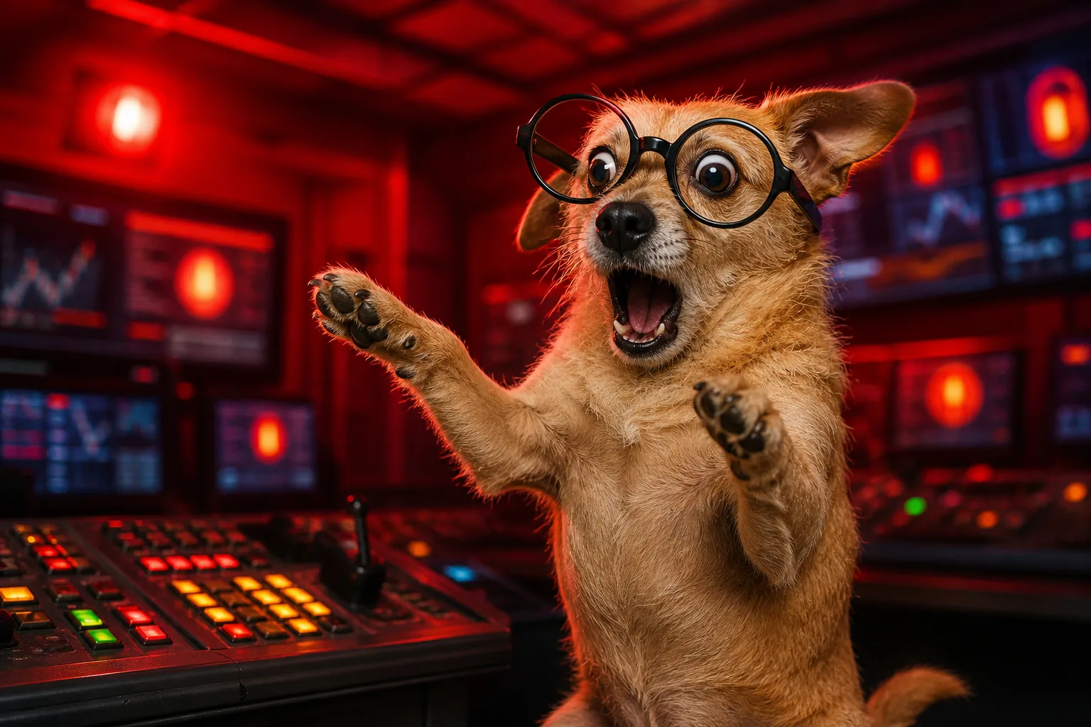 The dog gasps with huge eyes and raised paws in a red emergency control room.