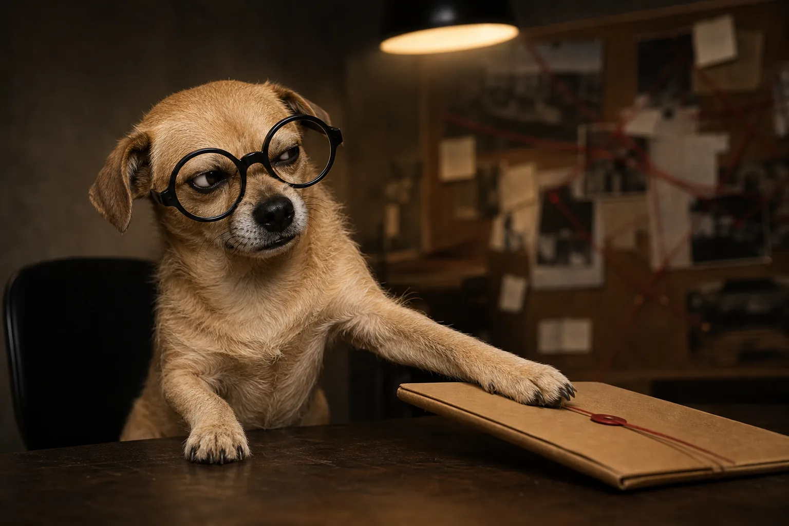 The dog leans sideways and pushes away a sealed file with a skeptical stare.